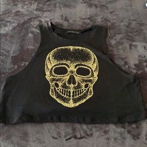 Black cropped tank with glitter gold skull